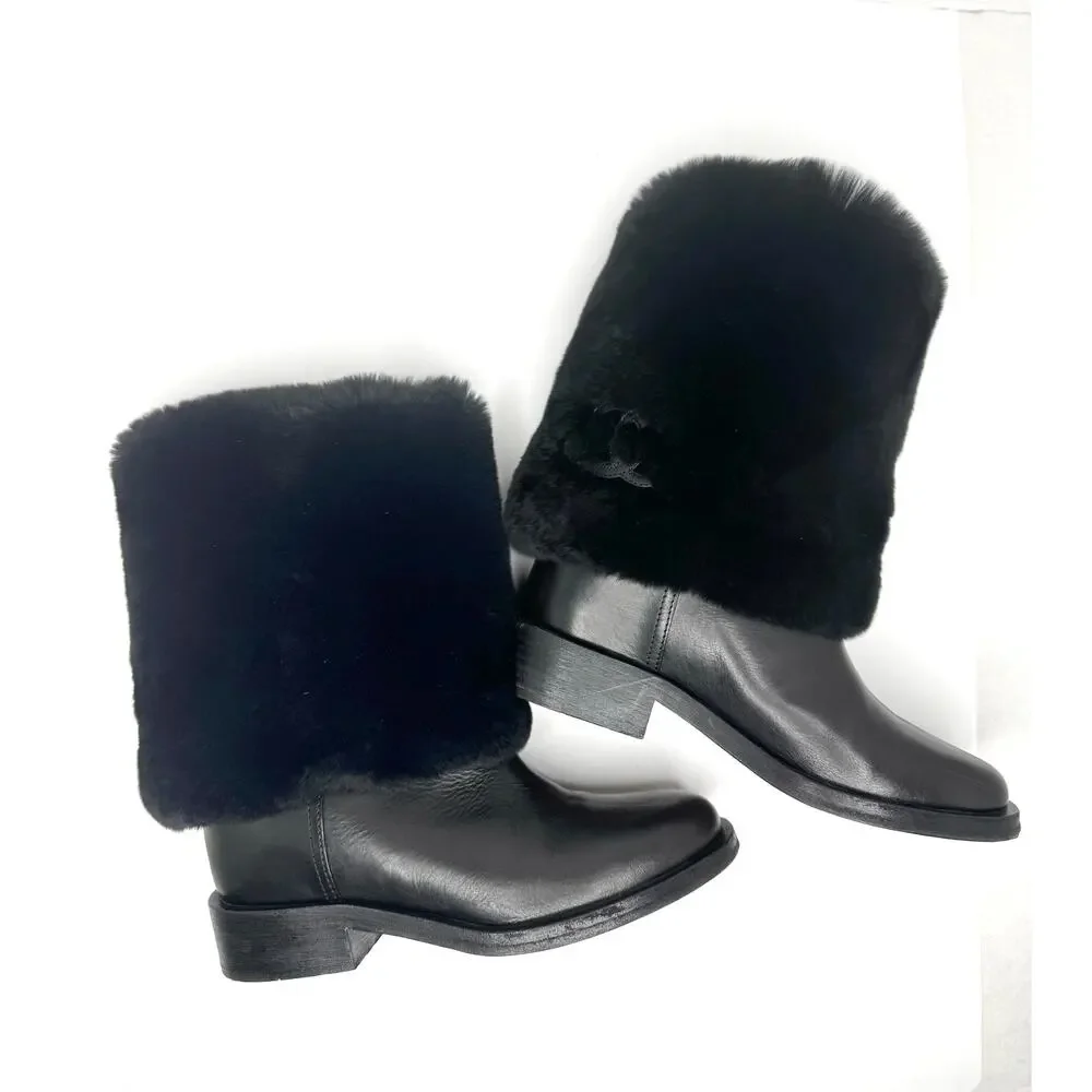Chanel Black Fur Calfskin Fold Over CC Logo Ankle Boots Women Size EU 37.5